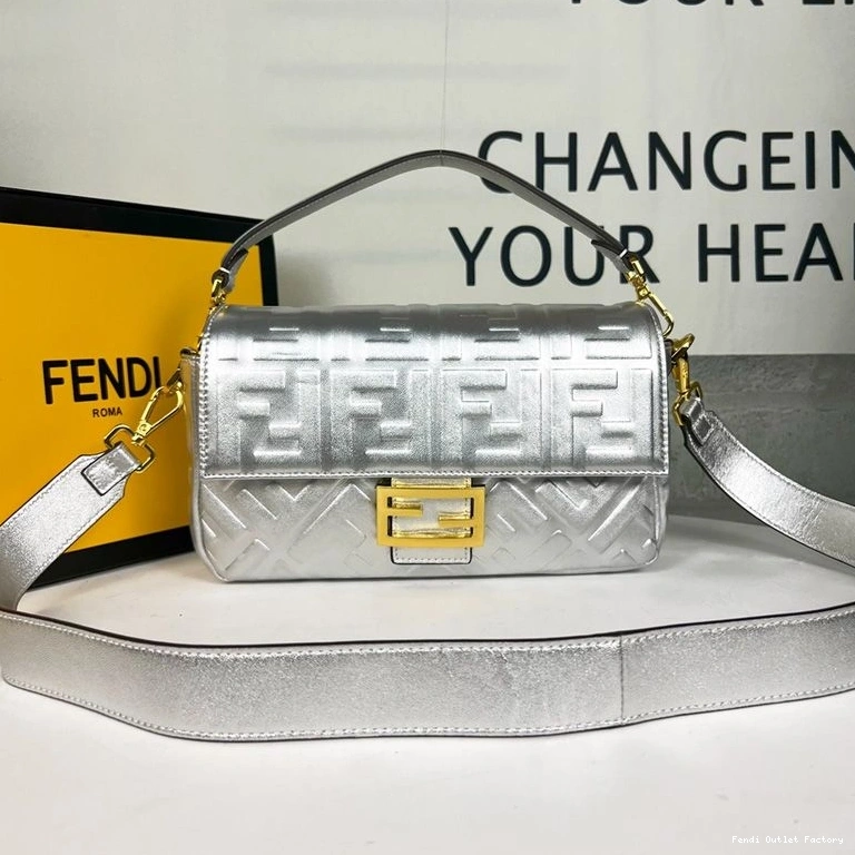 HOT Leather Baguette Silver Medium In Fendi Motif Bag Nappa FF 0822